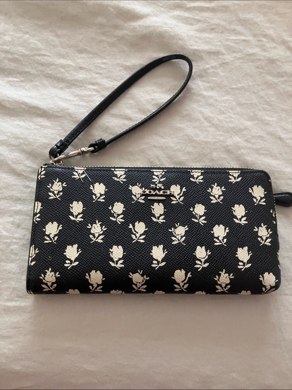 Coach Black Wristlet with Cream Floral Print
